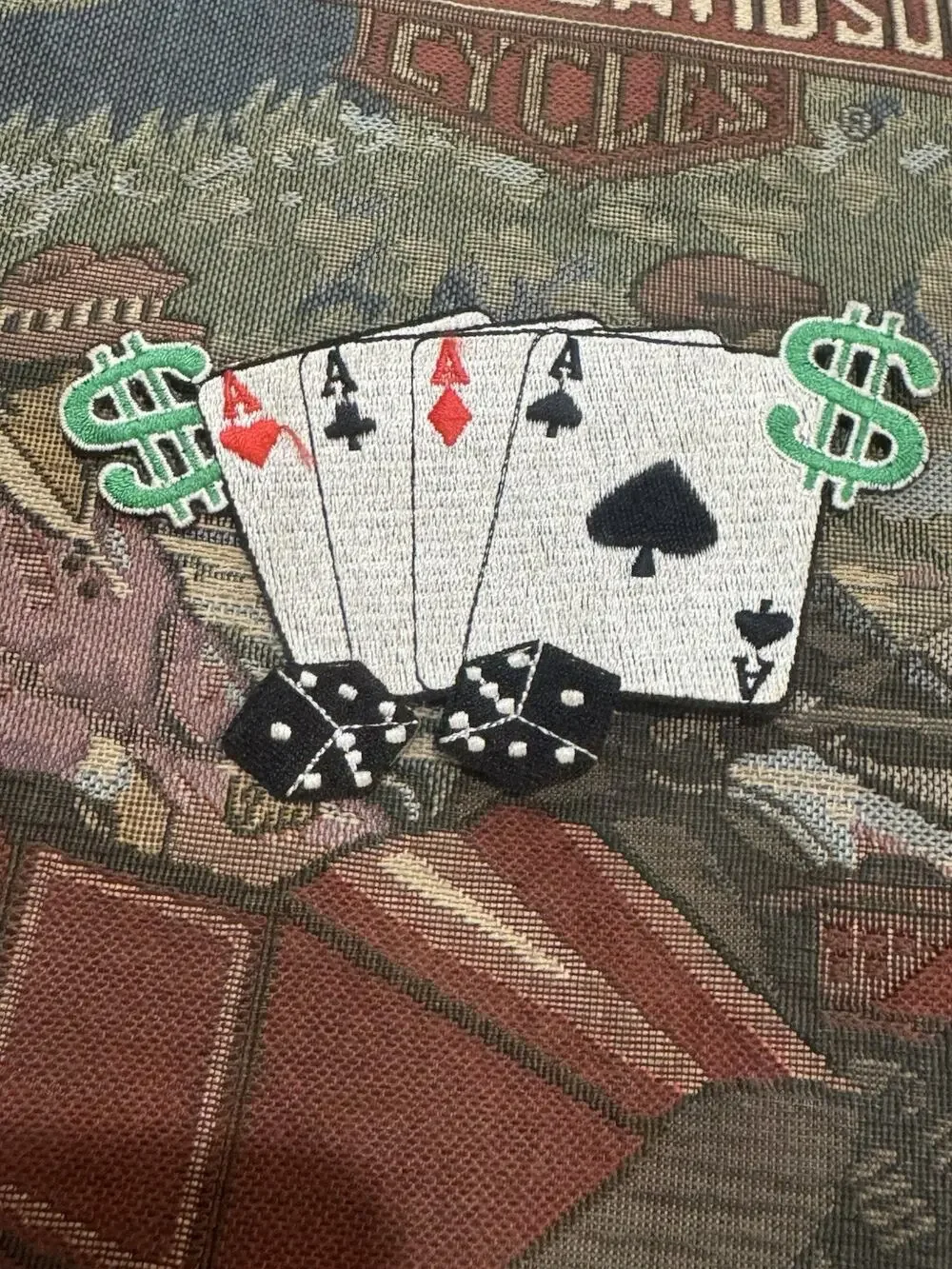 Four Aces Poker Patch Dollar Signs Dice Casino Gambling Embroidered Applique